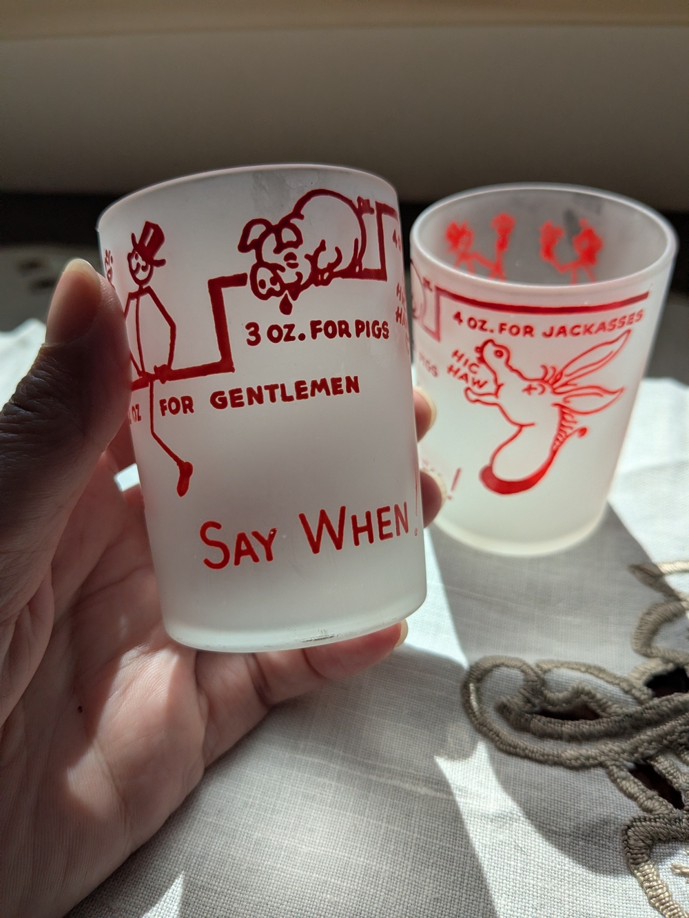 Vtg Frosted Glass Red Novelty Shot Glass - Say When